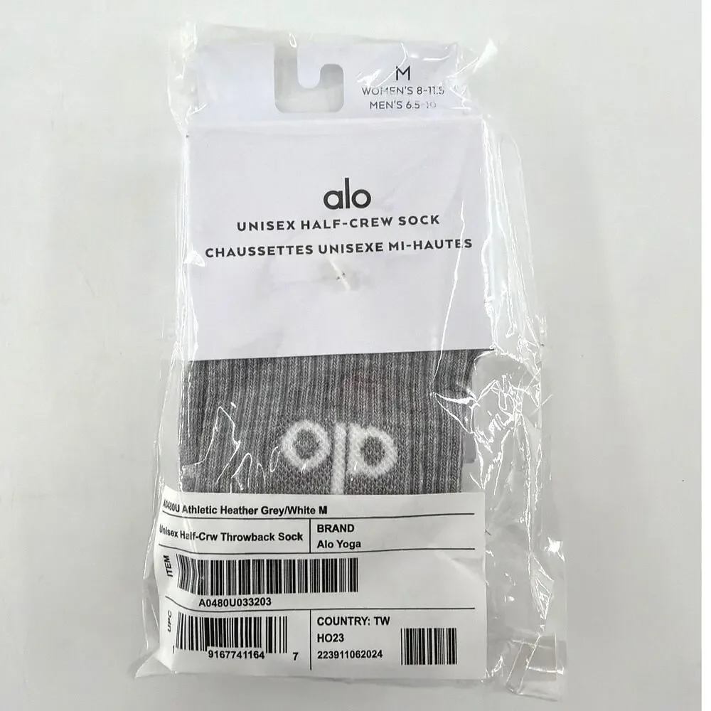 Alo Yoga Unisex Athletic Heather Gray White Half-Crew Throwback Socks Size M
